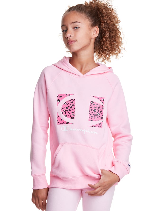 Champion Fleece Raglan Leopard Knockout Logo Hoodie Meisjes - Roze - Belgie 3748AOEKZ